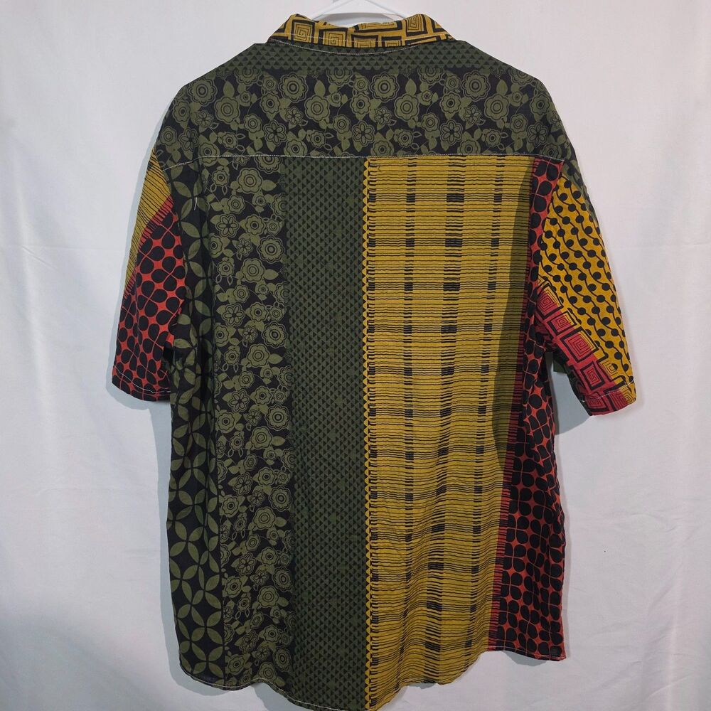 Patchwork Print Short Sleeve Button Down Shirt Geometric Floral Men's XL